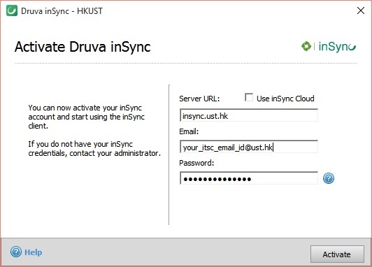 Activate inSync account and start backup