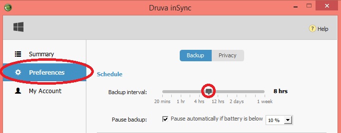 Change backup interval using the Preference tab